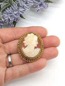 Vintage 12k Gold gefüllt geschnitzt Kamee Schale Porträt Frau Brosche Pin Anhänger  - Bild 1 von 7