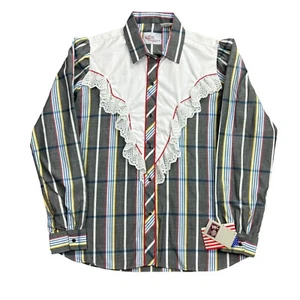 Vintage Kenny Rogers Western Pearl Snap button Up Shirt Youth 13/14 Plaid Ruffle - Picture 1 of 11