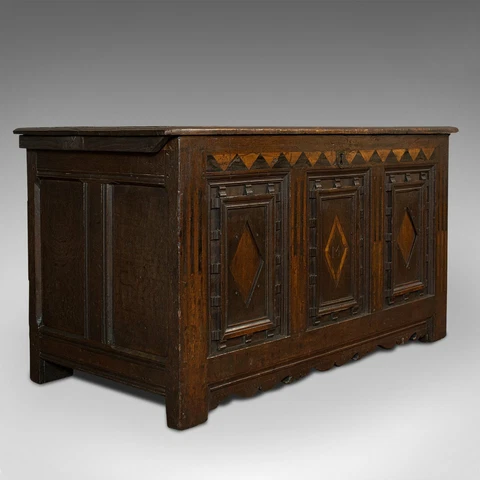 Antique Coffer, English, Oak, 3 Panel, Linen Chest, Trunk, William III, C.1700 Cover