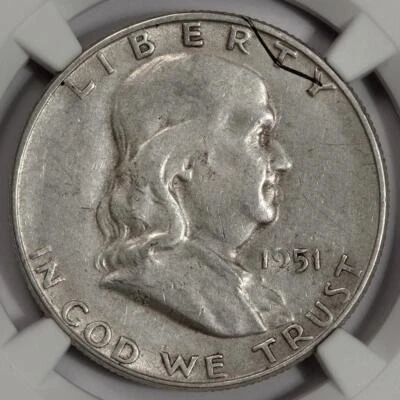 1951 S NGC AU53 Struck In Retained Staple Franklin Silver Half Dollar Mint Error - Image 1 of 4