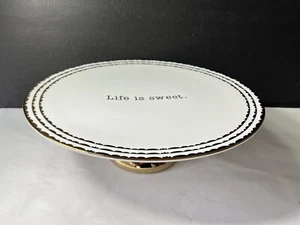 Nicole Miller Home Porcelain Pedestal Cake Dessert Stand White Gold 12” - Picture 1 of 9