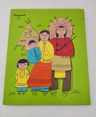 Rompecabezas vintage Playskool familia indígena nativa americana con incrustaciones de madera 360-11 jefe Foto 1 de 4