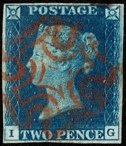 1840 2d BLAUE BRIEFMARKE GB Queen Victoria SG5 PL2 IG sehr schön rot MX 4 Ränder gut - Bild 1 von 2