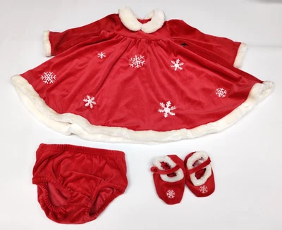 Combo de 5 piezas de vestido de terciopelo rojo copo de nieve para niños pequeños ~ vestido, zapatos flor, sombrero ~ 24M Foto 1 de 4