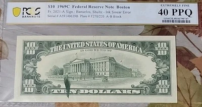 Rare 1969C Federal Reserve Note $10 INK Smear Error EXTREMELY FINE 40 PPQ - Image 1 of 4