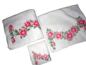 VINTAGE MARTEX TERRI-DOWN TRAILING ROSES VELOUR (3P) BATH & HAND TOWEL WASH SET - Picture 1 of 6