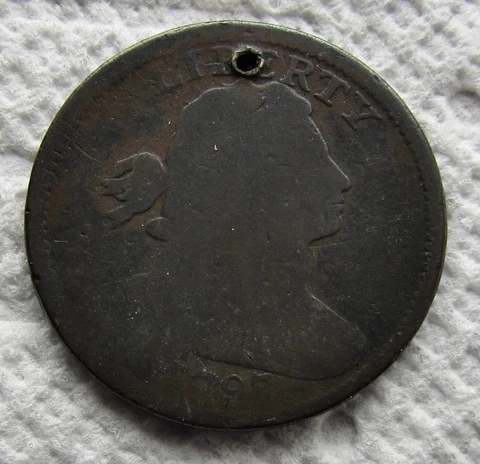 1797 1C BN Draped Bust Large Cent Rare Early Date Chocolate Brown Holed Survivor Cover