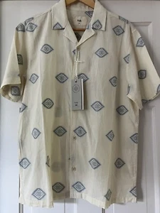 NWT $260 Mens FOLK Clothing  Small Cotton Ecru & Indigo Short Sleeve Shirt - Picture 1 of 9