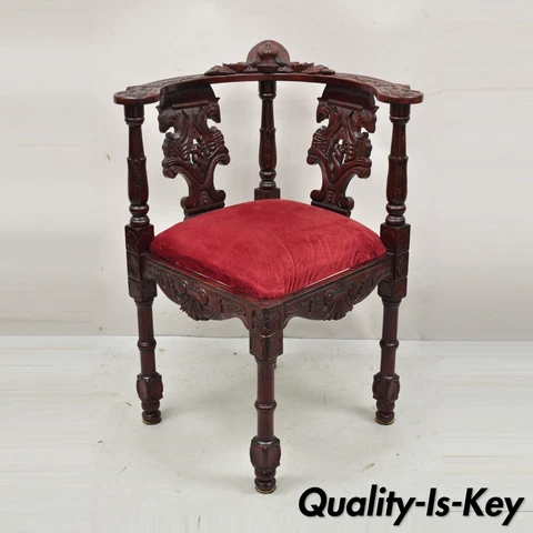 Renaissance Style Mahogany Corner Chair Side Chair with Carved Face Cover