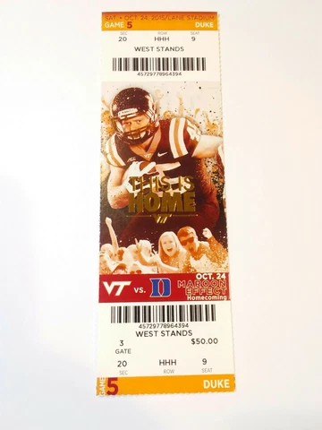 2015 Duke Blue Devils Virginia Tech Hokies Football Ticket Stub Cover