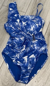 Trina Turk One Shoulder Swimsuit Blue White Palm Print Size 4 NWOT - Picture 1 of 8