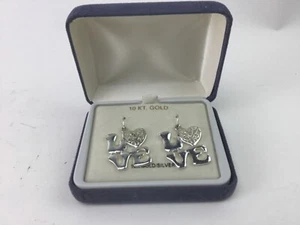 Word "Love" Dangle Earrings 10K Gold Silver New in Box 1" x 1" - Picture 1 of 3