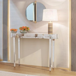 Silver Mirrored Hall Entry Console Table Elegant Oval Table Aesthetic Furniture - Picture 1 of 12