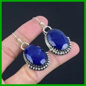 Friendship Day Sale 925 Silver Blue Saphire Gemstone Wife Gift Dangling Earrings - Picture 1 of 6