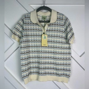NWT FUB Cream and Blue Stripe Organic Cotton Pointelle Polo Shirt Size 7-8 - Picture 1 of 9