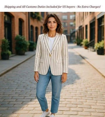 Blazer recto de lino a rayas para mujer GANT EU38 blanco roto mezcla de lino solapa de muesca Foto 1 de 4