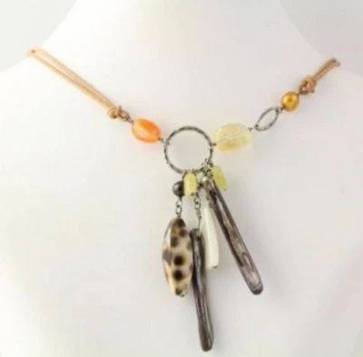 Colar de pérolas Silpada 0,925 prata couro concha citrino cornalina jade N1495 - Imagem 1 de 4