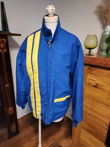 Vintage SWINGSTER 1970s Jacket - Blue + Yellow Racing Strips Sz LARGE Zip Up - Picture 1 of 20