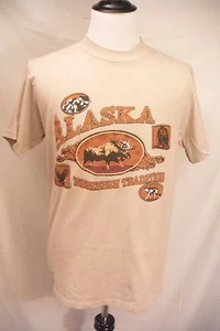 ALASKA Bear Eagle Wolf Moose Mens Medium M Tan 100% Cotton Tee T-Shirt by Tultex - Picture 1 of 7