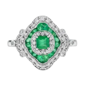 14K White Gold Natural Emerald and Diamond Art Deco Style Engagement Ring - Picture 1 of 11