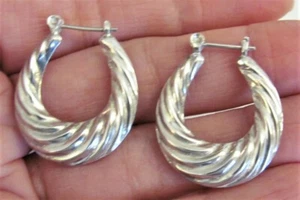 VTG 925 Sterling Silver 1 1/8" long Swirl Shrimp Puffy Hoop Earrings 4.93 grams - Picture 1 of 6