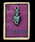Clay LOTERIA CARD Plaque, El Milagrito, Milagro Heart LG 9” Aqua Accents