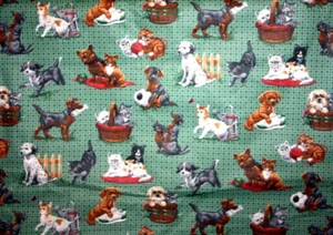 VINTAGE CRANSTON-PUPPIES AND KITTENS ON GREEN PLIAD - 100% COTTON FABRIC - Picture 1 of 8