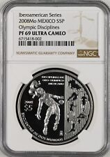 MEXICO $5 Pesos 2008 Silver NGC PF69 IBEROAMERICAN Olympic Soccer Football