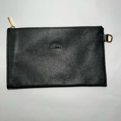 Auténtico BOLSO CLUTCH LONGCHAMP de cuero de grano puro Cartera de maquillaje Negro con cremallera dorada Foto 1 de 4