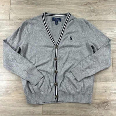 Ralph Lauren Youth M(10-12) Gray V Neck Striped Hem 5 Button Cardigan** - Image 1 of 4