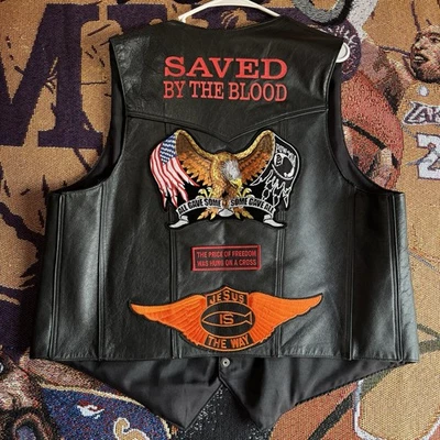 Vintage Jesus Saved By The Blood Motorcycle Leather Vest Biker Cut Harley Parody - Image 1 of 4
