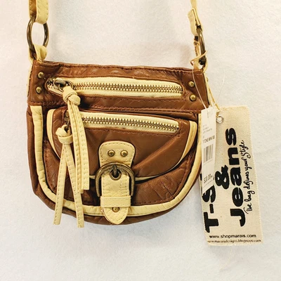 Camiseta e jeans couro sintético marrom creme tiracolo mini bolsa de ombro bolsa - Imagem 1 de 4