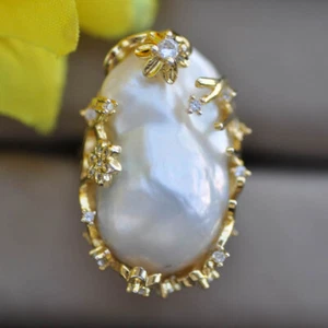 Huge 32mm White Baroque Keshi Pearl gold-plating CZ Ring - Picture 1 of 3