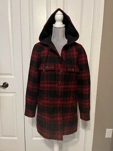 LL Bean Signature SM Red & Black Buffalo Plaid Women's Classic Wool Coat Hooded - Picture 1 of 12