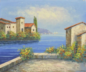 Arte de Nueva York - Pintura al óleo original 20X24 estirada mediana - Pueblo español en el océano - Imagen 1 de 3