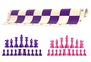 Piezas de ajedrez púrpura y rosa y tablero de vinilo púrpura de 20" - juego de ajedrez único ponderado - Imagen 1 de 4