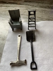 1920 KILGORE CAST IRON DOLLHOUSE ROCKING CHAIR, LADDER w/ ORIGINAL PAINT + TOOLS - Picture 1 of 5