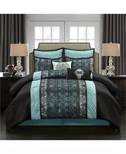 Nanshing Arabesque Moroccan Damask 8-Pc. Comforter Set - QUEEN - Black / Blue - Picture 1 of 5