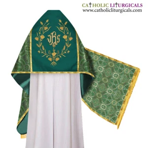 Verde metálico con velo humeral azul mariano con bordado IHS, voile huméral - Imagen 1 de 1
