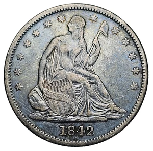 Medio dólar sentado 1842 - plata 900 - AU, detalles - ENVÍO GRATUITO A EE. UU. - Imagen 1 de 4