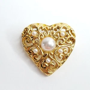 Heart Brooch Pin Goldtone Filigree Faux Pearls Love Valentines Day - Picture 1 of 2