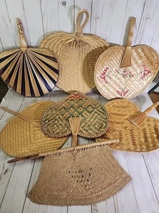 VTG 7 Lot Handwoven Straw Wooden Ratton Handheld Fans Natural Leaf Heart + Color - Picture 1 of 24