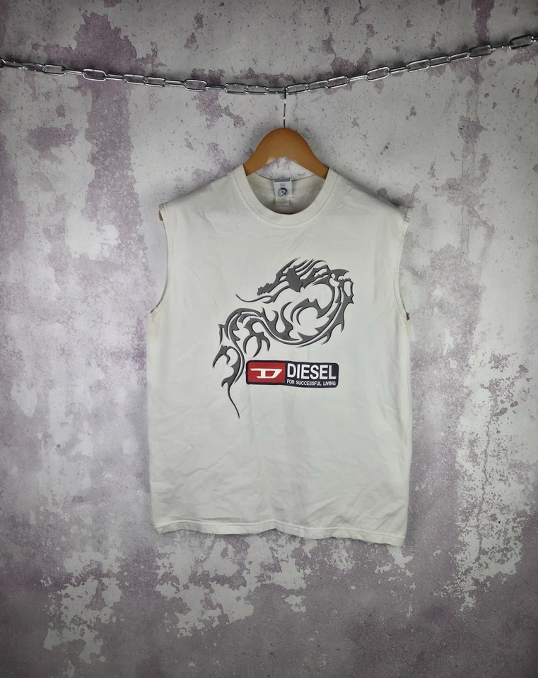 Винтажная мужская футболка Diesel японский стиль Y2K большой логотип Streetwrar белый размер XL - Изображение 1 из 4