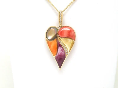 Autêntico pingente de coração de ouro amarelo 14k Kabana ostra espinhosa, incrustação esfregão, diamante - Imagem 1 de 4