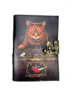 Tarot Katze [M] Leder Tagebuch Skizzen Notizbuch Vintage Indien UV Druck Handmad - Bild 1 von 6