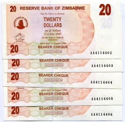 Zimbabwe 2006 P40 20 Dollar Bearer Check Unc X 5 Consecutive Note Lot - AA - Image 1 of 3