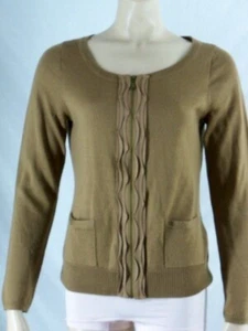 Size M TAHARI Golden Brown Wool Blend Cardigan Sweater Full Zip Pockets Ribbon - Picture 1 of 3