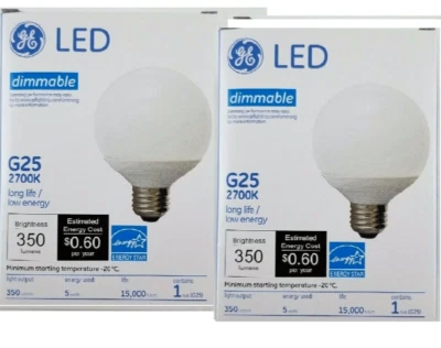 (2) GE LED G25 2700K Warm Dimmable Bulb Long Life, 350 Lumens Low 5 Watts Energy - Image 1 of 4