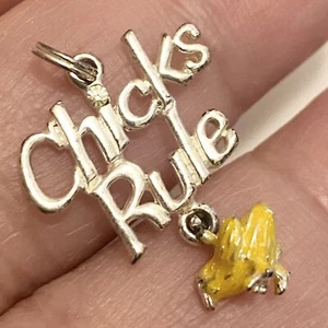 925 Sterling Silver Chicks Rule Charm Pendant Tiny Figure Enamel Chick Chicken - Picture 1 of 3