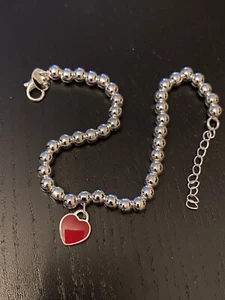 Silver Plated Beaded Enamel Heart Bracelet ~ RED HEART - Picture 1 of 4